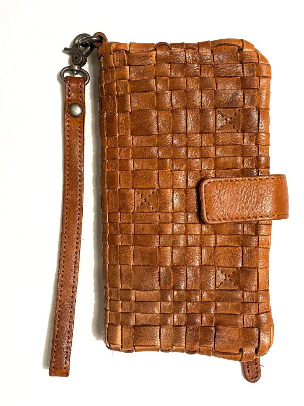 Vilenca Holland Woven Leather Wristlet Wallet Cognac Brown Boho Bifold